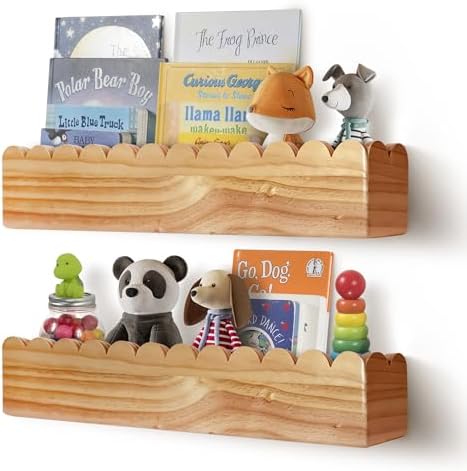 Floating Nursery Book Shelves (Set of 2), Scalloped Book Shelf - Kids Wall Bookshelf, Nursery Decor, Floating Shelves for Wall (24 inches Length), Scalloped Wall Shelf