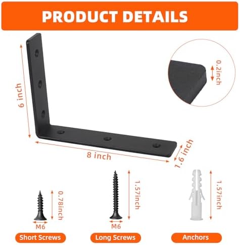 4 Pack Heavy Duty Floating Shelf Brackets, Black Metal L Wall Brackets, DIY Industrial Shelf Brackets - L 8" x H 6" x W 