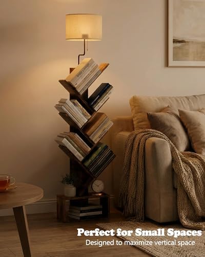 XBurmo 6 Tier Tree Bookshelf with Lights - Small Bookcase, Compact Book Tower with Drawer, Corner Bookshelf for Bedroom,