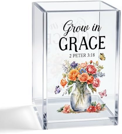 Grow In Grace Acrylic Cosmetic Pencil Pen Holder Cup, Inspirational Christian Gifts for Mom Grandma Daughter Niece Aunt BFF Women, Graduation Gifts for Daughter Niece, Spiritual Growth Present