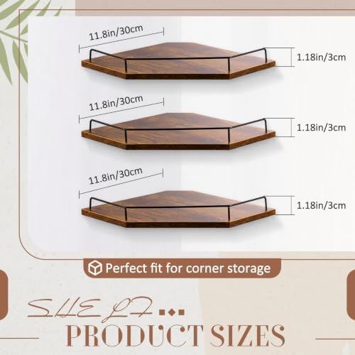 Novabright Corner Floating Shelf Set of 3 Rustic Brown Wood 12 Inches