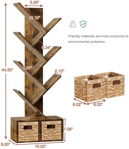 Vagusicc 6 Tier Tree Bookshelf with 2 Storage Cabinets, Tall Display Shelf Organizer for Books, Magazines, Home Decor, N