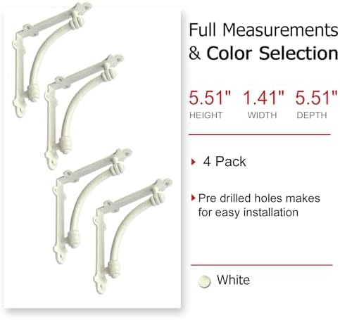 NACH Decorative Shelf Brackets, 4 Pack of 5.5 x 1.2 x 5.5 inch White Cast Iron Shelf Brackets - Decorative Brackets Whit
