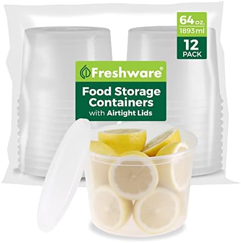 Freshware [12 Pack, 64 oz] 1/2 Gallon Plastic Deli Food Storage Soup Containers With Airtight Lids, Slime Containers, Freezer Safe | Meal Prep | Stackable | Leakproof | BPA Free, Clear