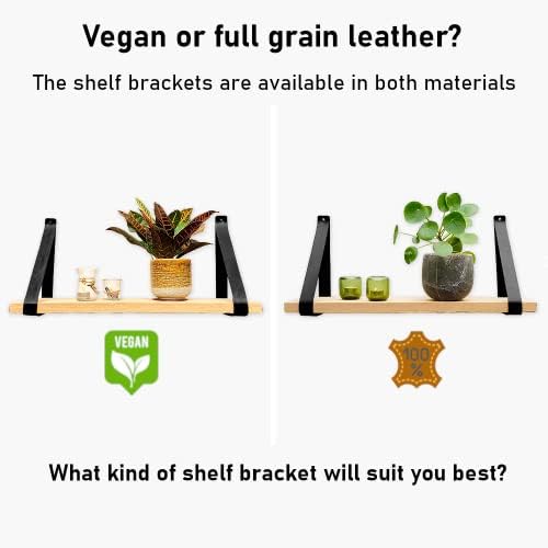 Brute Strength - PU Leather Shelf Brackets - Black - 6 Pieces - Floating Shelf Set - Wall Brackets - Shelf Straps - Faux