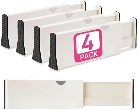 4 Adjustable Drawer Dividers, Organize Silverware and Utensils in Home Kitchen, Divider for Clothes in Bedroom Dresser, Designed to Not Snag Underwear and Bra Fabrics, Bathroom Storage Organizers