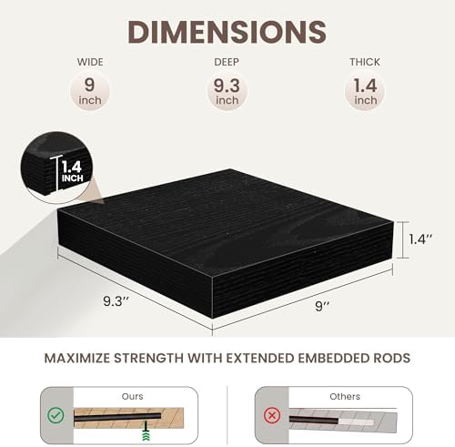 Acovy Floating Shelves for Wall 9 Inch,9.3" Deep Square Floating Shelf Set of 3,Wall Shelves Hanging Shelf with Invisibl
