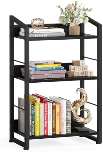 Hosfais Book Shelf Small Bookshelf: 3-Tier Wood Bookcase Industrial Bookshelf with Edge Protection Metal Narrow Bookcase