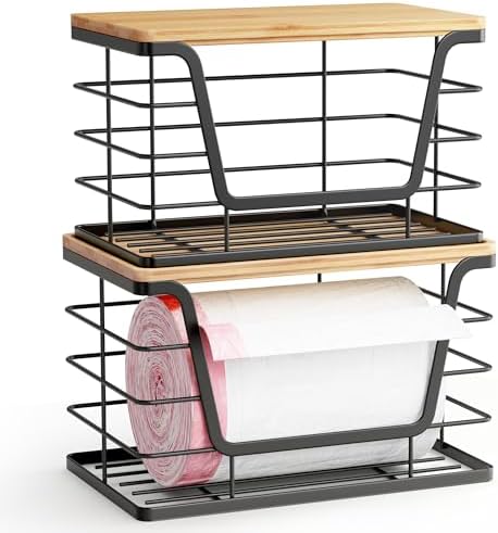 ALOCEO 2 Pack Stackable Wire Storage Basket with Bamboo Lid, Stainless Steel Extra Large Trash Bag Dispenser Roll Holder