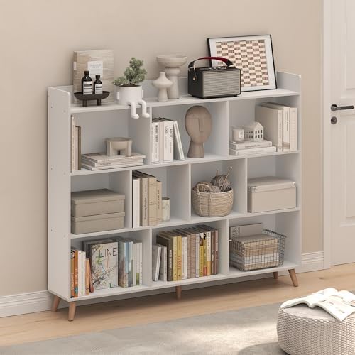 Furinno Claude Book Shelf, 10-Cube Mid Century Style Bookshelf, Bookcase, Storage Organizer with Wood Legs, 9.4" x 55.1"