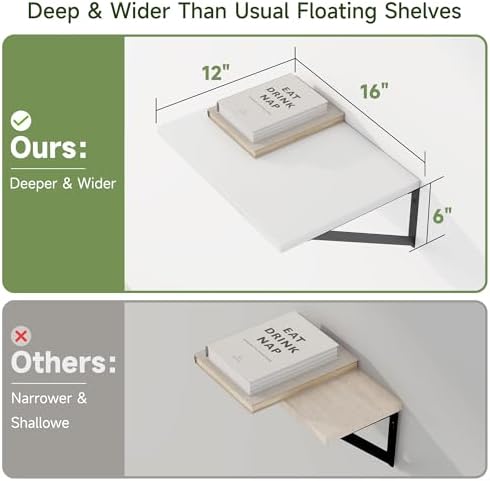 Heimlove 16W x 12D Deep Floating Shelves Set of 4 White