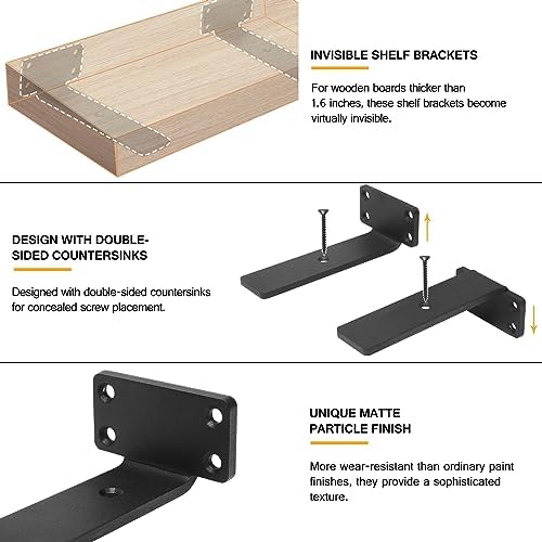 HITOMEN Heavy Duty Floating Shelf Brackets, 6-Inch (1/5'' Thick) Hidden Shelves Hardware, Iron L Brackets, Rustic Indust