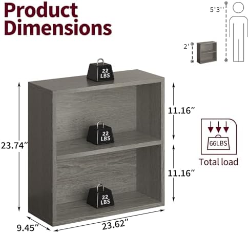 2-Tier Bookshelf Storage Shelves, 23.7 Inch Open Shelf Bookcase