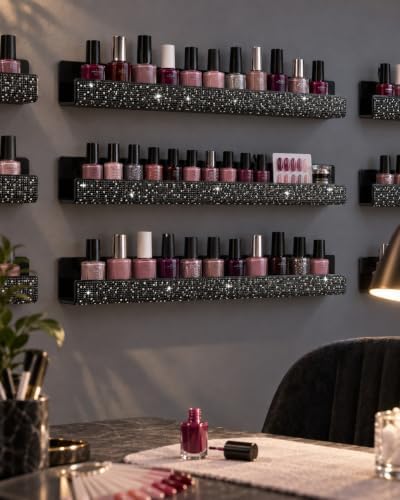 YMVV 6 Pack 15 Inch Nail Polish Wall Rack, Black Rhinestone Organizer
