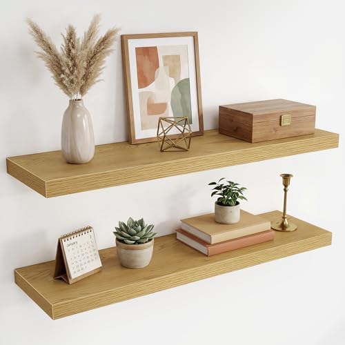 36 Inch Black Floating Shelves for Wall,9.3" Deep Long Floating Shelf Set of 2,Wood Wall Mounted Shelves Farmhouse Home 