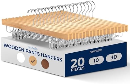 SereneLife Skirt and Pant Hanger, Premium Wooden, Natural, 20 Pack
