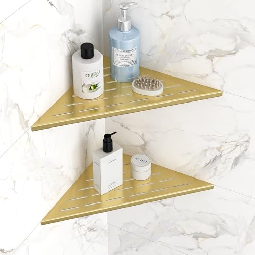 Qeke 12" Corner Shower Shelves 304 Stainless Steel, Brushed Golden, 2 Pack