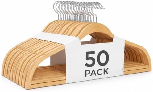 50 Pack Heavy Duty Wood-Like Plastic Hangers | Slim, Non Slip Design with 360° Rotatable Anti Rust Hook | Thin Hangers f