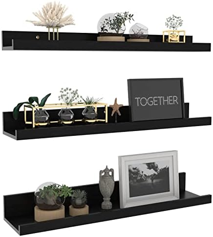 Giftgarden 24 Inch Black Floating Shelves Wall Mounted Woodgrain Picture Ledge Shelf for Storage Bedroom Bathroom Kitche