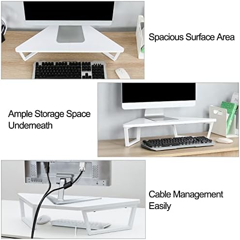 TEAMIX 26 inch White Triangle Monitor Stand Riser, Desktop Corner Shelf with Metal Leg Wood Computer Stand with Storage 