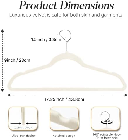 HOUSE DAY Ivory Velvet Hangers 50 Pack, Non Slip Clothes Hangers 17.25 inch