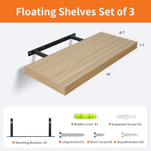 Floating Shelves for Wall Set of 3, 16 Inch Light Brown Shelves Bedroom