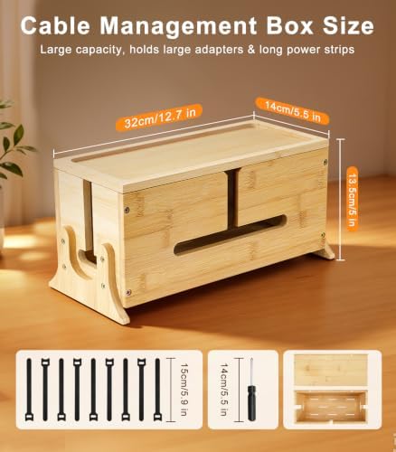 TiMOVO Wood Cable Management Box with Removable Magnetic Lid & Support Legs