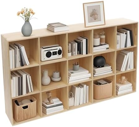 15-Cube Solid Wood Bookshelf, 3-Tier Storage Organizer Semi-Open Floor Display Shelf Closet Cabinet for Home Office Libr