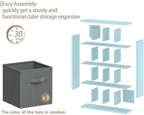 furtble Bookshelf with Storage Bins, 16-Cube Storage Organizer with Back Panels, Modern Wood Open Bookcase, Multifunctio