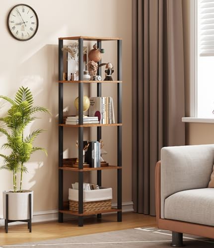 VIMBER 5-Tier Bookshelf with Anti-Fall Baffle, Tall Bookcase for Books, Garage Kit, CDs, Movies, Industrial Standing Boo