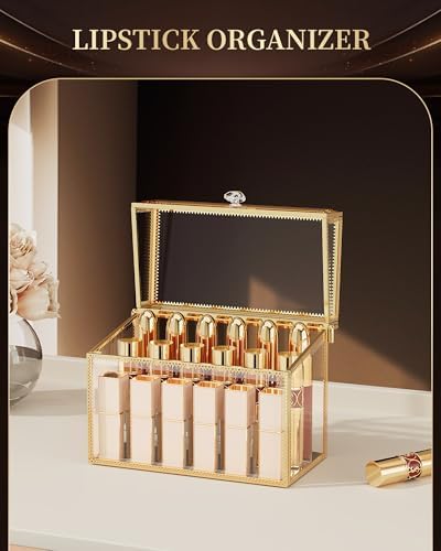 CoralHouse Glass Lipstick Organizer with Lid, 18-Slot Vanity Holder, Clear
