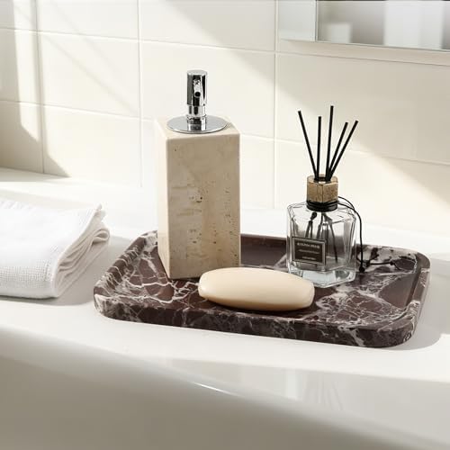 Marble Vanity Tray, 11.8in Stone Bathroom Tray for Countertop, Red Decorative Tray for Dresser Organizer, Luxury Serving