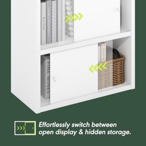 Furinno Cubicle Book Shelf with Sliding Doors, 4-Cube Bookshelf, Extra Thick Frame Bookcase with Open & Closed Storage, 