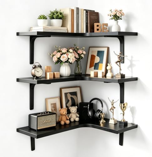 Corner Floating Shelves Wall Mounted, Set of 3 Wood Storage Shelves