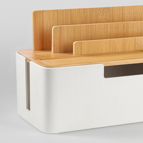 Catekro Cable Management Box with Bamboo Lid Cell Phone Tablet Holder Plug Data Cable Storage Charging Organizer Charger