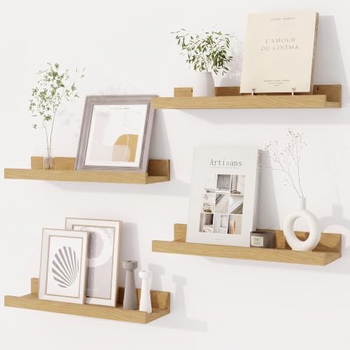 Dreamland Picture Ledge Shelf for Wall, Floating Shelves Set of 4,16 inch Long Floating Shelves with Lip for Living Room,Bedroom,Bathroom,Kitchen,Oak