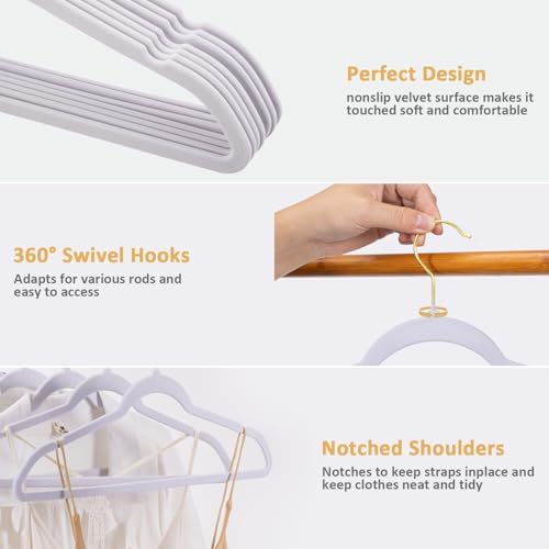 Pack of 30 Premium Velvet Clothes Hangers, Heavy Duty, Non Slip, Felt Suit Hangers with Gold Hooks, Thin Space Saving Hangers for Suits, Coats, Shirts, Dress, Pants (White)