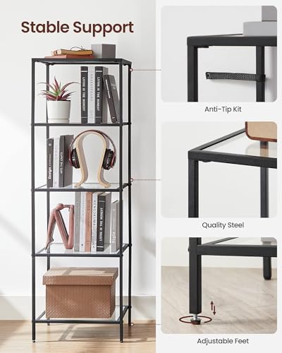 VASAGLE Bookcase Bookshelf, Tempered Glass Bookshelves, Steel Frame