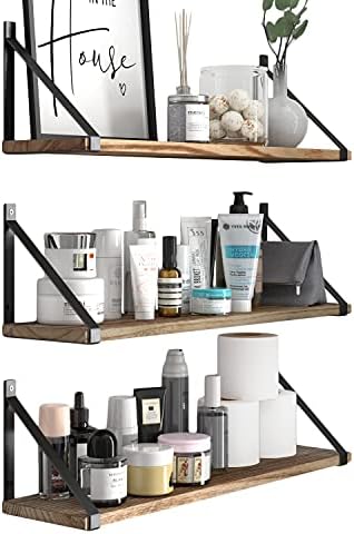 Wallniture Bora Floating Shelves for Wall, 24"x6" Bathroom Storage Shelves, Rustic Wood Shelf Set of 3, Burned Finish