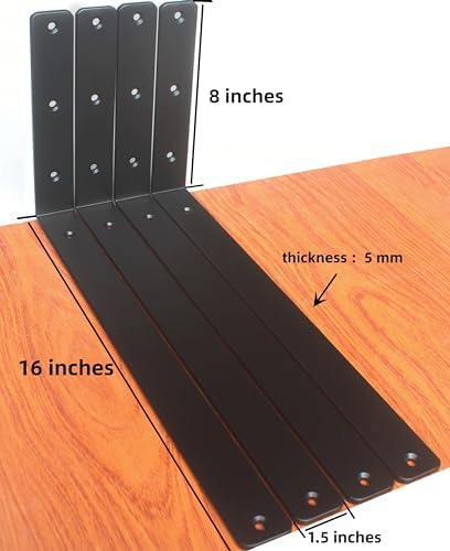 4 Pack - L 16" x H 8" x W1.5, 5mm Thick Black L Shelf Bracket, Iron Shelf Brackets, Metal Shelf Brackets, Floating Shelf