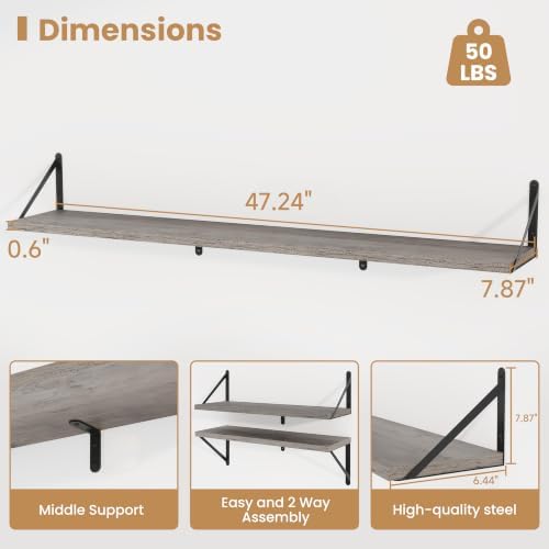 Heimlove Floating Book Shelves for Wall,47.2 Inches Long Wall Mounted Bookshelves,Heavy Duty Bracket Shelves for Living 