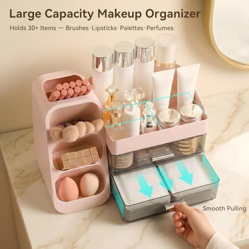 Makeup Organizer for Vanity with Brush Holder and 2 Drawers, Pink