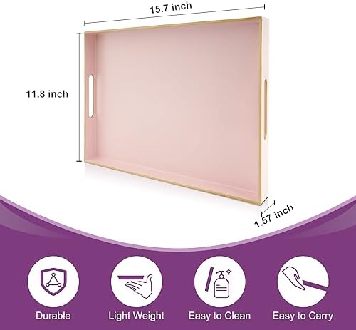 Gifturbo Pink Large Serving Tray with Handles，Rectangular Plastic Elegant Decorative Coffee Table Tray for Ottoman, Livi