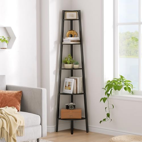 Hoctieon Corner Shelf, 5-Tier Corner Bookshelf, Rustic Ladder Shelf, Industrial Display Stand for Living Room, Kitchen, 