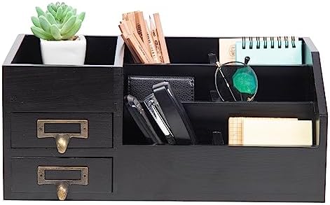 Distressed Rustic Wooden Office Desktop Organizer Wood Shelf Tabletop Home Organizer Storage with Multiple Compartments 2 Tier Drawers,perfect Jewelry storage Display Box for Desk, Vanity (Black)