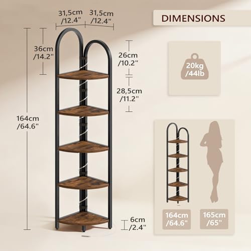 MAHANCRIS 5-Tier Corner Shelf with LED Light, 64.6'' Tall Corner Bookshelf, Narrow Storage Shelf with Metal Frame, for L
