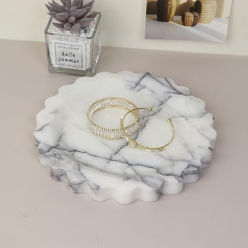 Round Marble Decorative Tray with Scalloped Edge, Luxury Natural Stone Bathroom Vanity Tray, Dresser Top Perfume Coffee 