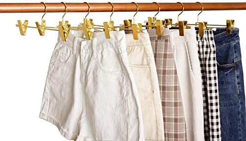 Amber Home 10 Pack Shiny Gold Metal Pants Skirts Hangers with Clips 12"