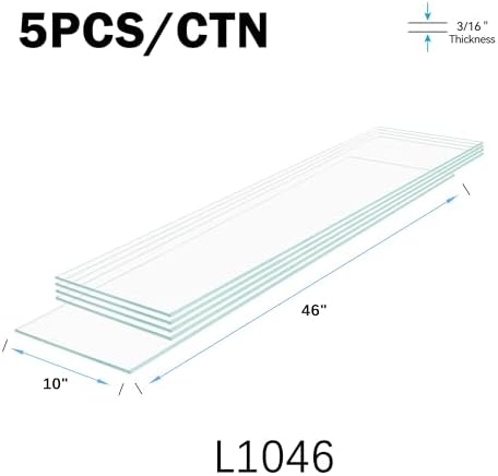 10" x 46" - 5-Pcs Tempered Glass Rectangular Shelves - 3/16" Thick - Home & Office Storage Racks