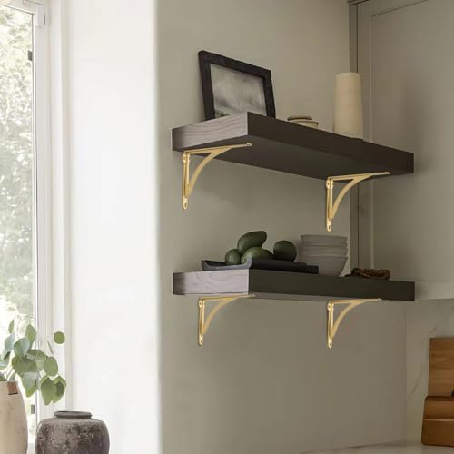 Khtumeware 100% Solid Brass Decorative Shelf Brackets, 4.5-inch Wall-Mounted Shelving Brackets, 2-Pack Antique Gold Vint